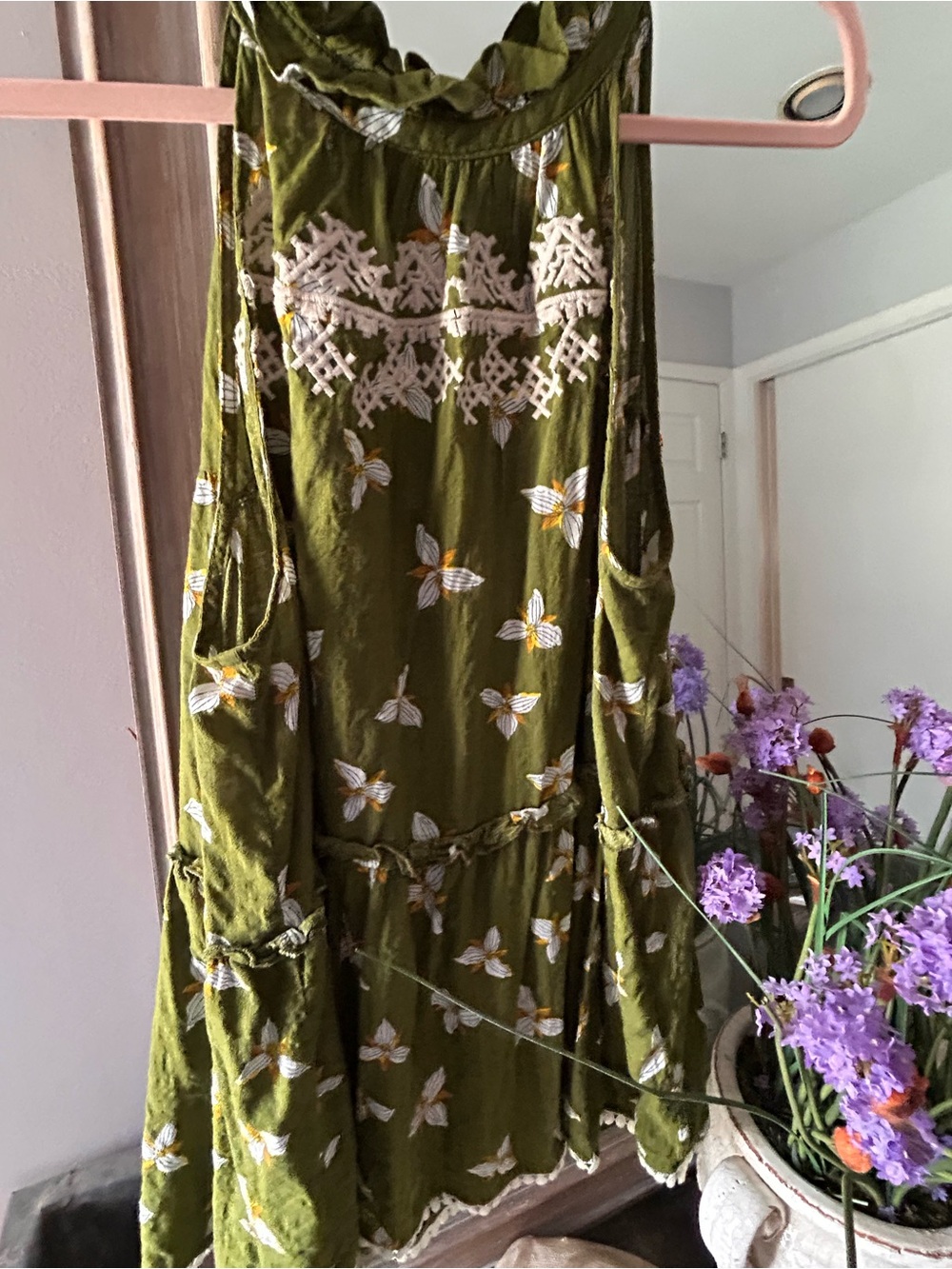 THML Olive Green Floral Embroidered Sleeveless top